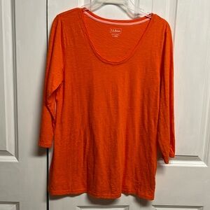 LL Bean Orange Mid Sleeve Plunge Neck Tee Shirt Size L